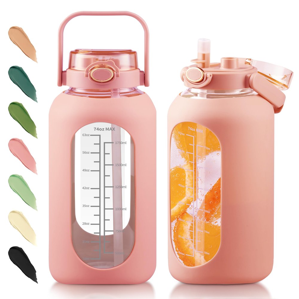 SIEROZUR 74oz Glass Water Bottle with Straw & Handle Lid | Half Gallon Motivational Water Jug with Time Marker & Silicone Sleeve | BPA-Free Borosilicate Glass for Gym, Home & Workout