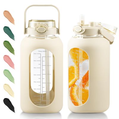 SIEROZUR 74oz Glass Water Bottle with Straw & Handle Lid | Half Gallon Motivational Water Jug with Time Marker & Silicone Sleeve | BPA-Free Borosilicate Glass for Gym, Home & Workout