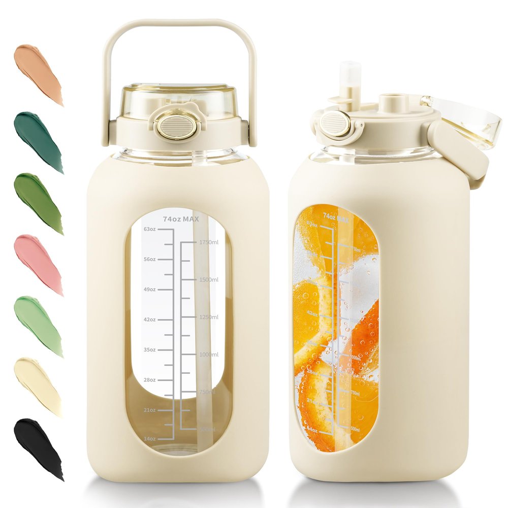 SIEROZUR 74oz Glass Water Bottle with Straw & Handle Lid | Half Gallon Motivational Water Jug with Time Marker & Silicone Sleeve | BPA-Free Borosilicate Glass for Gym, Home & Workout