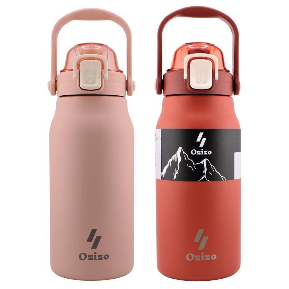 2 Pack Ozizo 1.4 qt Insulated Canteen, Stainless Steel Hiking Water Bottle with Handle, Mixing Ball, and Straw (Red and Pink)