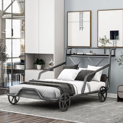 Hlcodca Metal Twin Car Bed with Four Wheels, Guardrails and X-Shaped Frame Shelf for Boys Girls,No Box Spring Needed (Silver/Car*M)