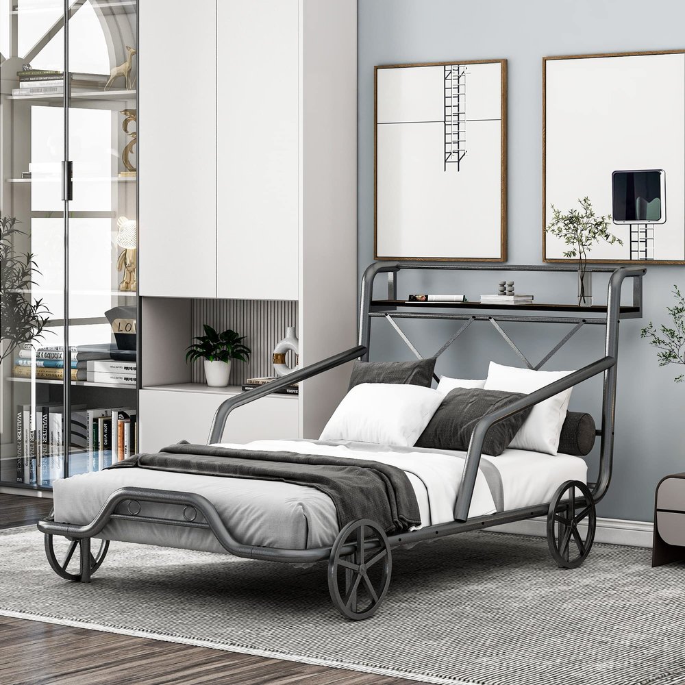 Hlcodca Metal Twin Car Bed with Four Wheels, Guardrails and X-Shaped Frame Shelf for Boys Girls,No Box Spring Needed (Silver/Car*M)