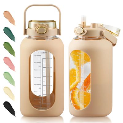 SIEROZUR 74oz Glass Water Bottle with Straw & Handle Lid | Half Gallon Motivational Water Jug with Time Marker & Silicone Sleeve | BPA-Free Borosilicate Glass for Gym, Home & Workout