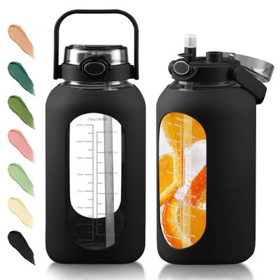SIEROZUR 74oz Glass Water Bottle with Straw & Handle Lid | Half Gallon Motivational Water Jug with Time Marker & Silicone Sleeve | BPA-Free Borosilicate Glass for Gym, Home & Workout