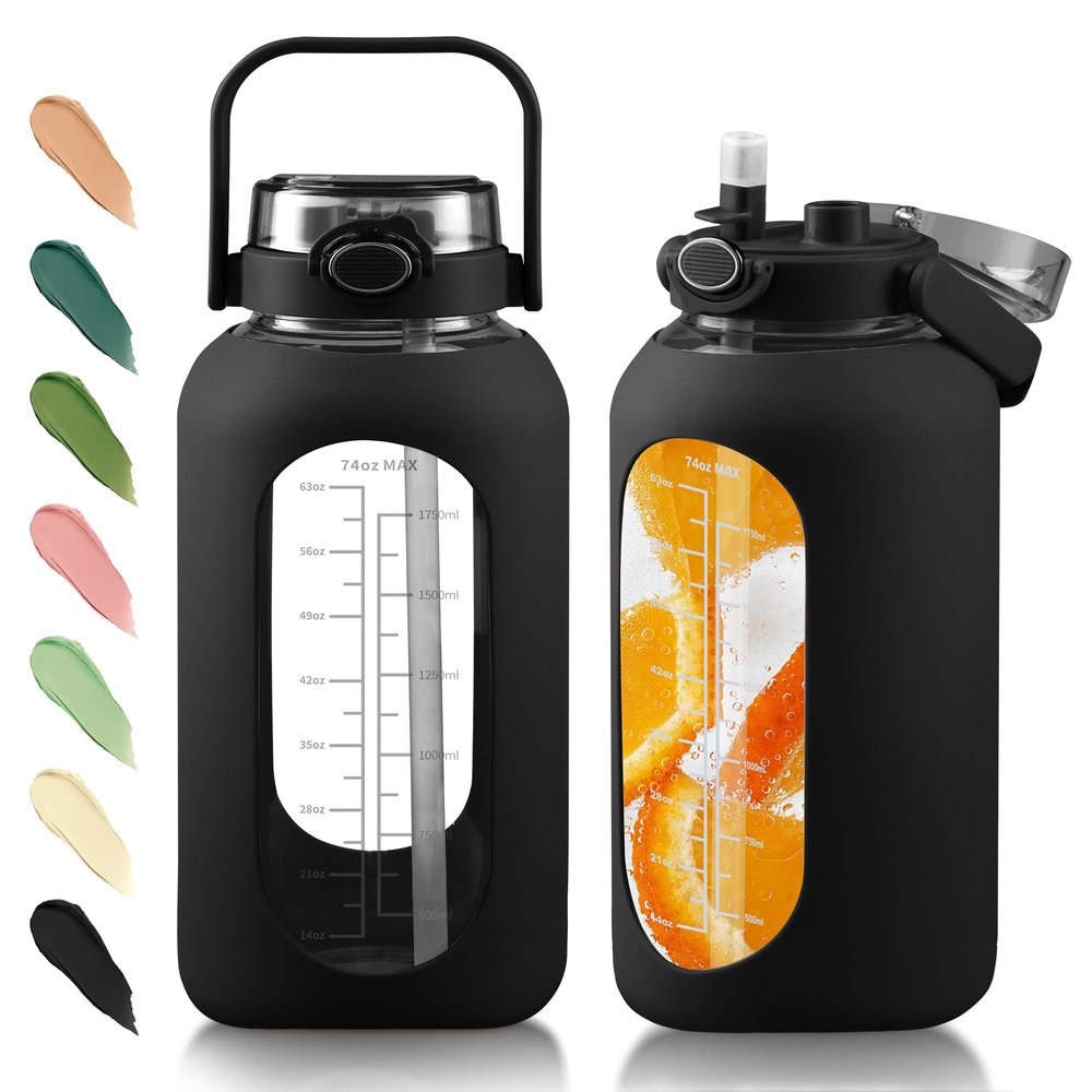 SIEROZUR 74oz Glass Water Bottle with Straw & Handle Lid | Half Gallon Motivational Water Jug with Time Marker & Silicone Sleeve | BPA-Free Borosilicate Glass for Gym, Home & Workout