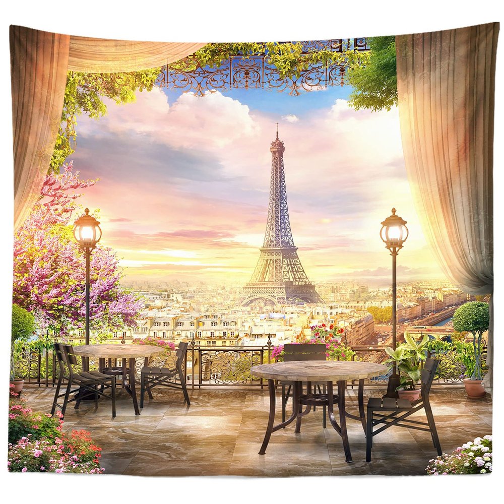 BELECO Paris Eiffel Tower Tapestry 176x96 Inch Romantic Garden Tapestry Wall Hanging Cafe Terrace Flowers Dining Tables Paris City Sunset Scenery Tapestry Art Wall Decor for Living Room Bedroom