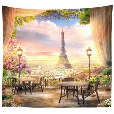 BELECO Paris Eiffel Tower Tapestry 141x118 Inch Romantic Garden Tapestry Wall Hanging Cafe Terrace Flowers Dining Tables Paris City Sunset Scenery Tapestry Art Wall Decor for Living Room Bedroom