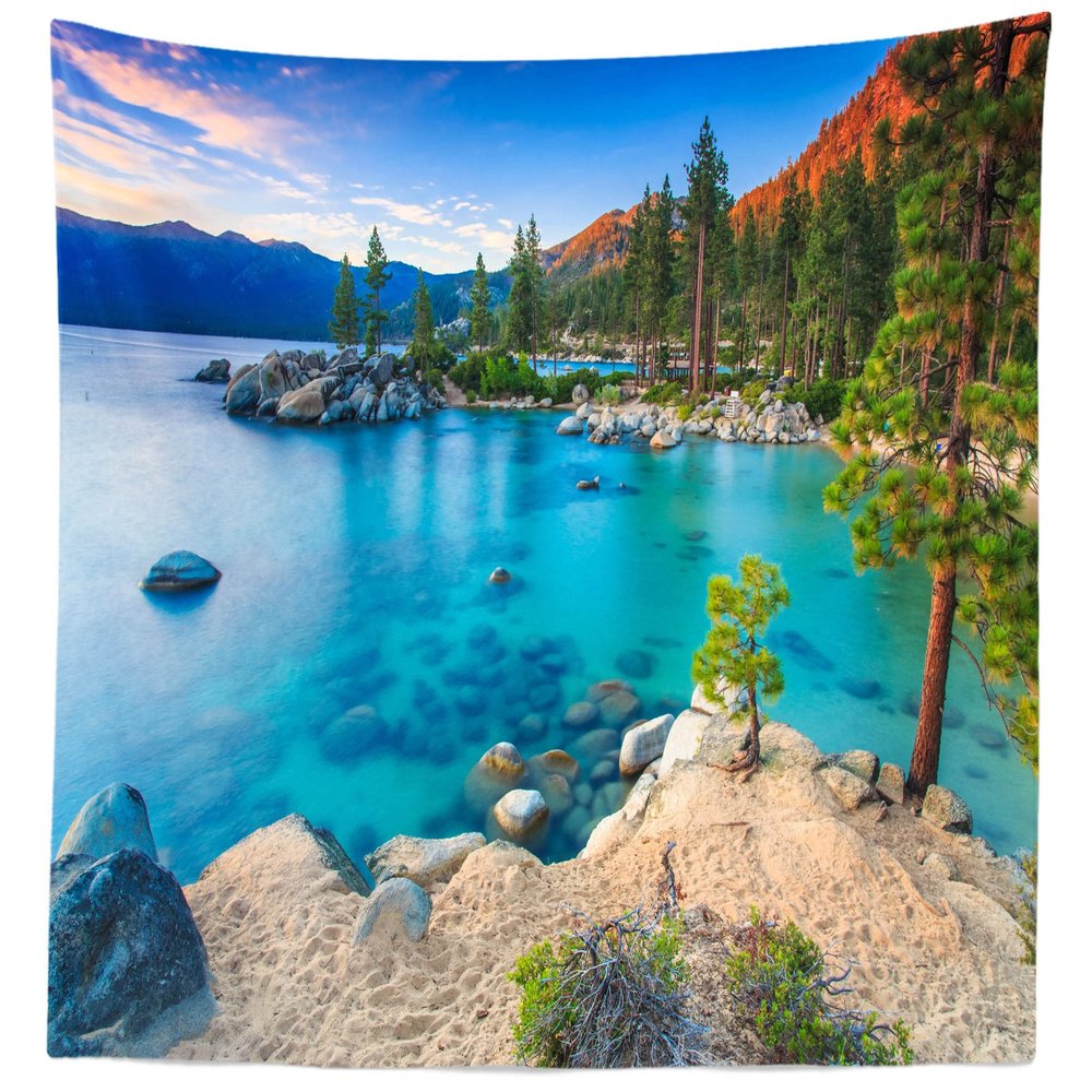 BELECO Mountain Lake Tapestry 141x118 Inch Blue Lake Tahoe Tapestry Clear Water Rocky Shore View Beach Green Forest Pine Trees Nature Tapestry Wall Hanging for Bedroom Aesthetic Living Room Dorm Decor