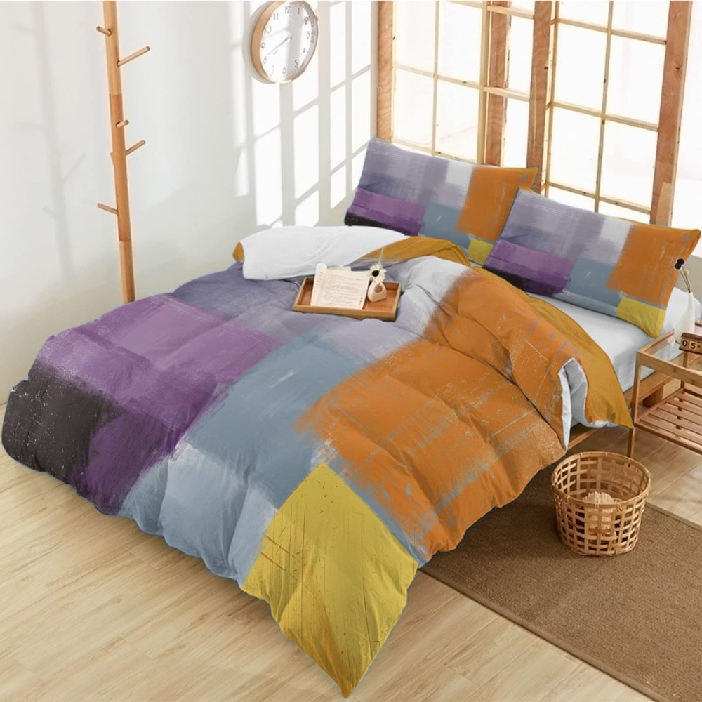 3 Piece Bedding Set,Purple Grey Orange Block Breathable Duvet Cover Super Soft Pillow Shams,Watercolor Abstract Art Washable Bed Sets All Seasons for Bedroom Dorm Hotel RV Full