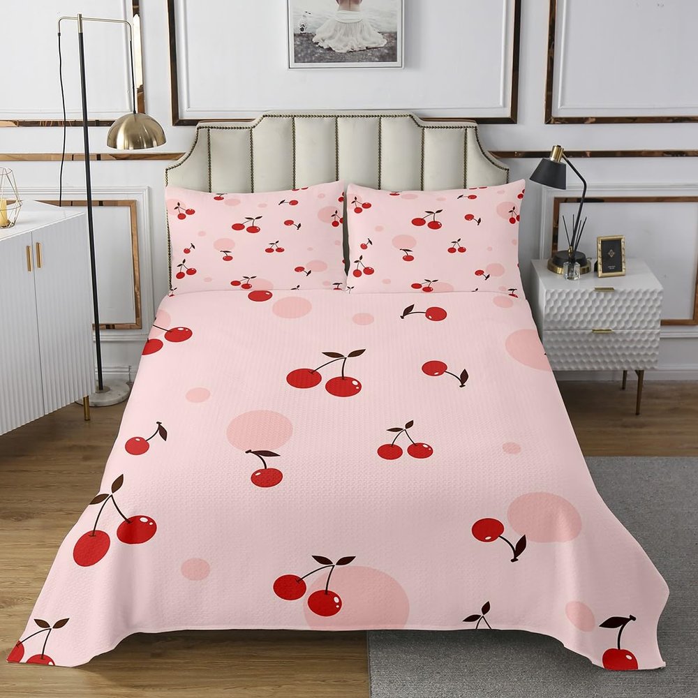 3 Piece Red Cherry Quilt Bedding Set Women Aldult Lightweight Bedding Cartoon Fruit Bedspread Set Pink and Red Bedspread Coverlet Soft Microfiber Home Quilt Set for King Bed All Season