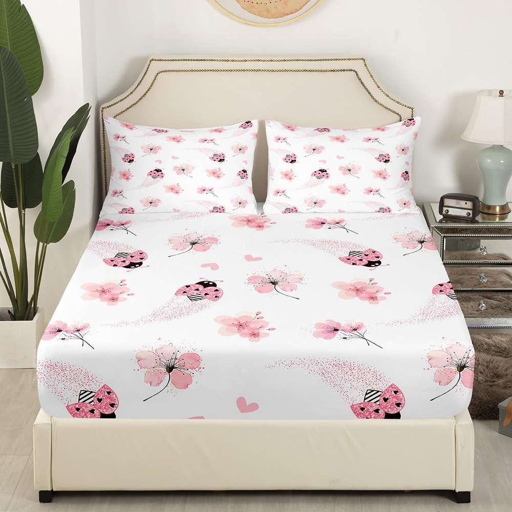 3 Piece Pink Ladybug Quilt Bedding Set Women Aldult Lightweight Bedding Peach Blossom Bedspread Set Gradient Glitter Diamonds Bedspread Coverlet Soft Microfiber Home Quilt Set for King Bed All Season