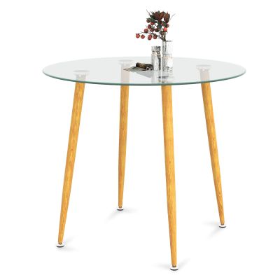 Giantex Round Glass Dining Table, 35.5" D x 30" H Kitchen Dinner Table w/Tempered Glass Tabletop & Metal Legs, Circle Leisure Coffee Table for Dining Room & Living Room, Clear & Natural, 2 Pack