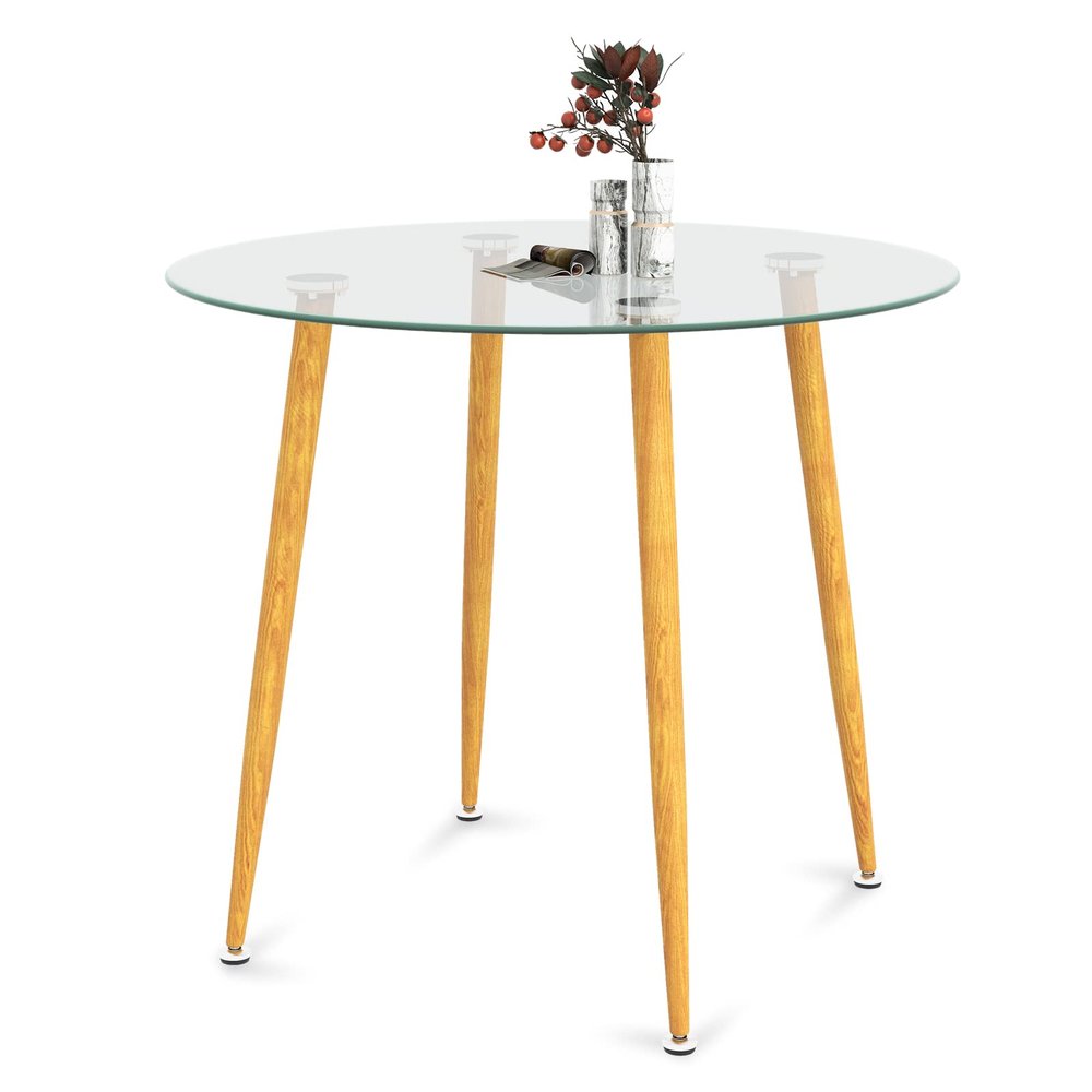 Giantex Round Glass Dining Table, 35.5" D x 30" H Kitchen Dinner Table w/Tempered Glass Tabletop & Metal Legs, Circle Leisure Coffee Table for Dining Room & Living Room, Clear & Natural, 2 Pack