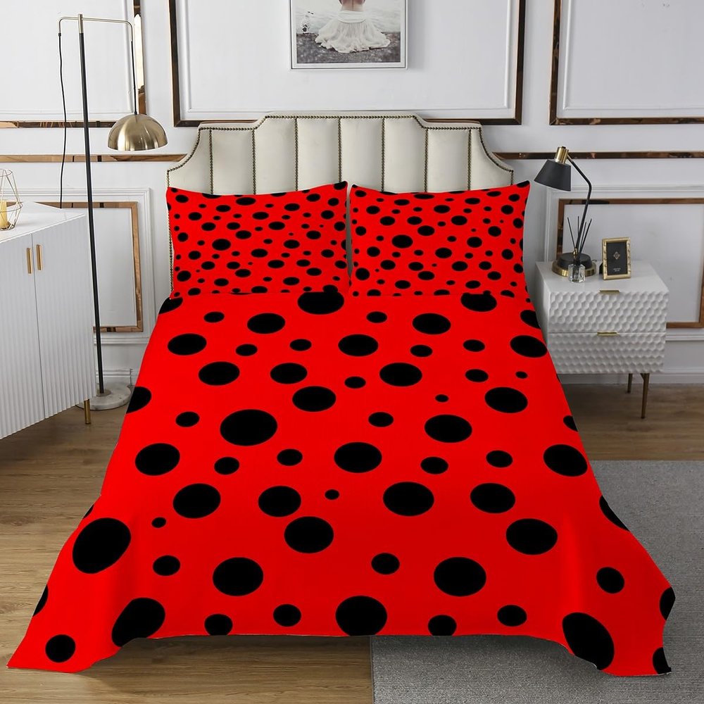 3 Piece Ladybug Quilt Bedding Set Women Aldult Lightweight Bedding Red and Black Bedspread Set Polka Dot Pattern Bedspread Coverlet Soft Microfiber Home Quilt Set for King Bed All Season