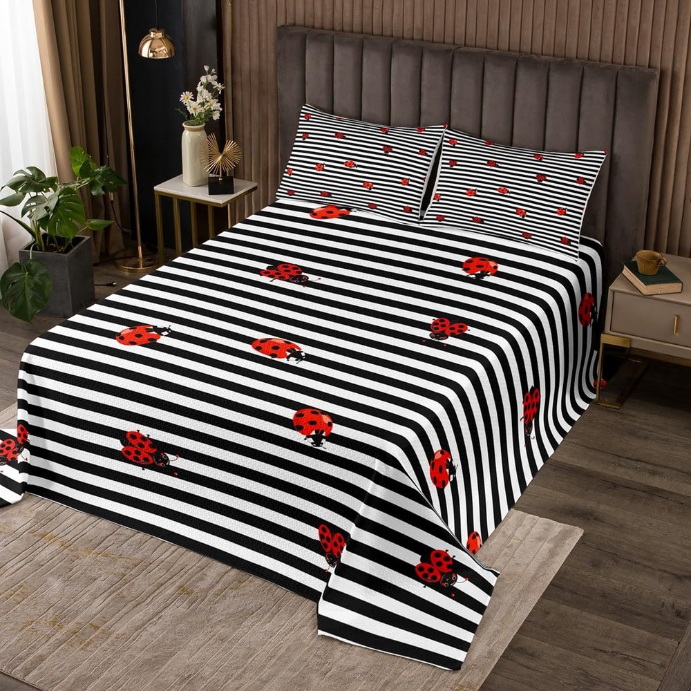 3 Piece Ladybug Pattern Quilt Bedding Set Women Aldult Lightweight Bedding Black Stripes Bedspread Set Red Ladybug Bedspread Coverlet Soft Microfiber Home Quilt Set for King Bed All Season