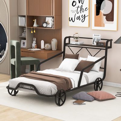 Fun Metal Car Bed with Four Wheels,Twin Size Platform Bed with Guardrails and X-Shaped Frame Shelf,for Kids Toddlers Boys Girls Teens Bedroom Use (Black#k)