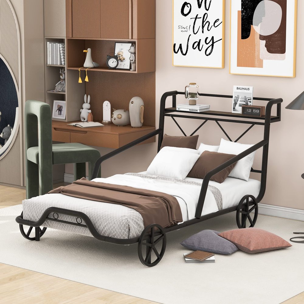 Fun Metal Car Bed with Four Wheels,Twin Size Platform Bed with Guardrails and X-Shaped Frame Shelf,for Kids Toddlers Boys Girls Teens Bedroom Use (Black#k)