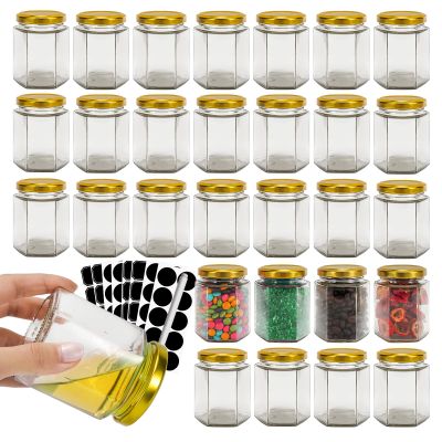 BIGIVACA 30 Pack 6 oz Hexagon Glass Jars with Gold Lids,Glass Canning Jars with Labels,Perfect for Baby Shower,Wedding Favors,Party Favors