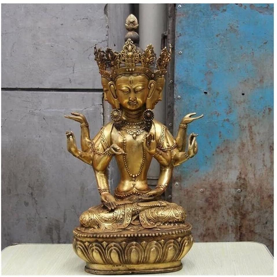 ZEELYDE Buddha Statue,Bronze Guanyin Buddha with Eight Arms and Four Sides, Office Decoration Crafts Ornaments 1pcs