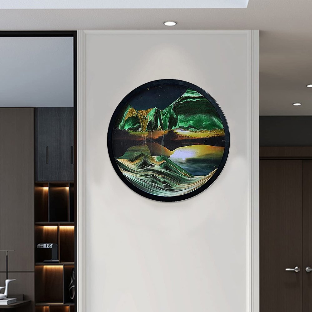 Moving Sand Art, Sand Art Liquid Motion 360 Rotation Wall Sculpture Decor Mount Round Sandscape Frame Display Sandscape Moving Picture for Home Office, Relaxing Decorative Gift (23.6",G)