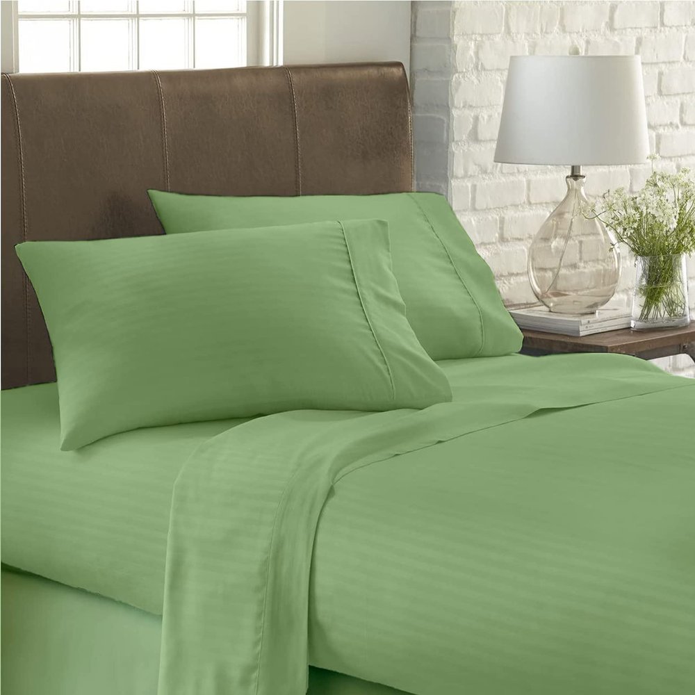 USA Twin XL Sheet Set in Sage Green Stripe 800 Thread-Count 100% Egyptian Long Staple Cotton, Sateen Weave for Soft and Silky Feel, Breathable 4-Piece Bedsheet, Elasticized 18'' Extra Deep Pocket