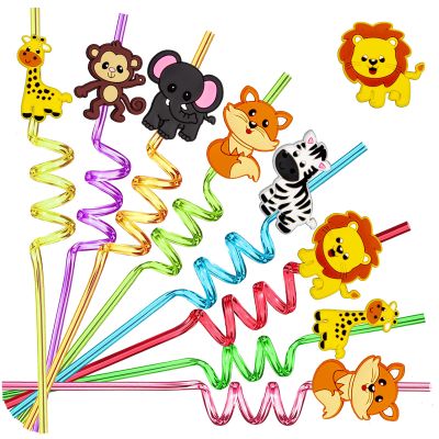 24pcs Forest Animals Crazy Shape Straws, Drink Cocktail Straws for Lion Fox Zebra Giraffe Monkey Safari Birthday Party Supplies Party Favors, Woodland Party Favors with 2 Cleaning Brushes 8 Colors