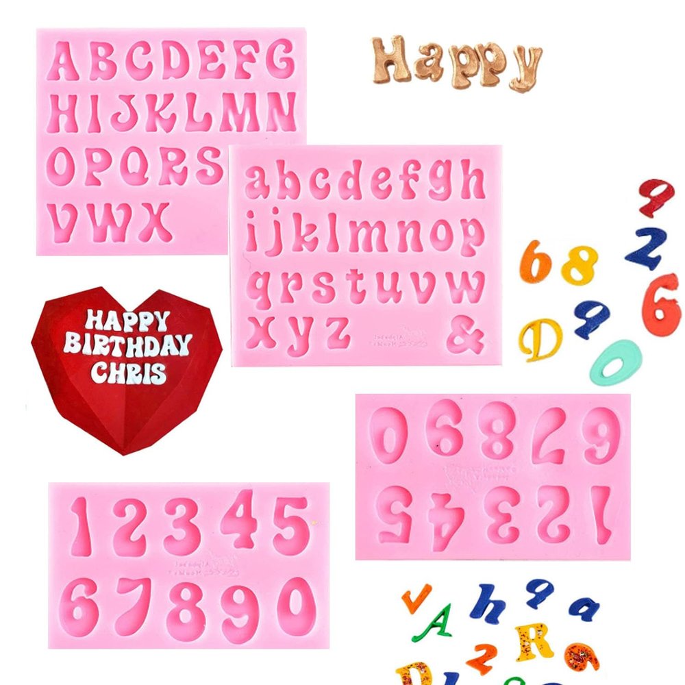 4Pcs Silicone Letter Molds for Chocolate, Mini 26 Letter and 0-9 Numbers Moulds, BPA-Free Edible Alphabet Fondant Molds for Cake Decorating Baking Candy Gummy Ice Cube Tray