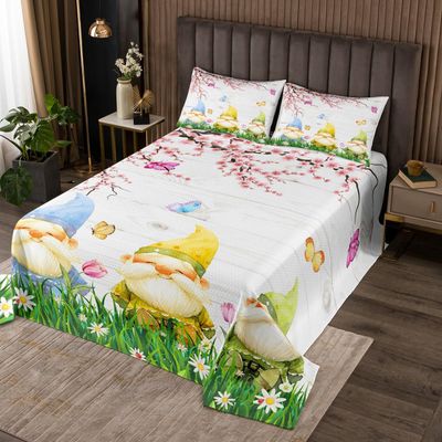 Manfei Kids Peach Blossom Bedspread Twin Size, Spring Gnome Quilted Coverlet with 1 Pillowcase, Flower Butterfly Print Coverlet Set 2pcs for Boys Girls Room Decor, Soft Polyester Bedding Quilt