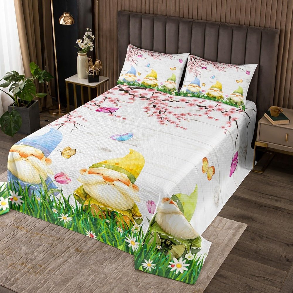 Manfei Kids Peach Blossom Bedspread Twin Size, Spring Gnome Quilted Coverlet with 1 Pillowcase, Flower Butterfly Print Coverlet Set 2pcs for Boys Girls Room Decor, Soft Polyester Bedding Quilt