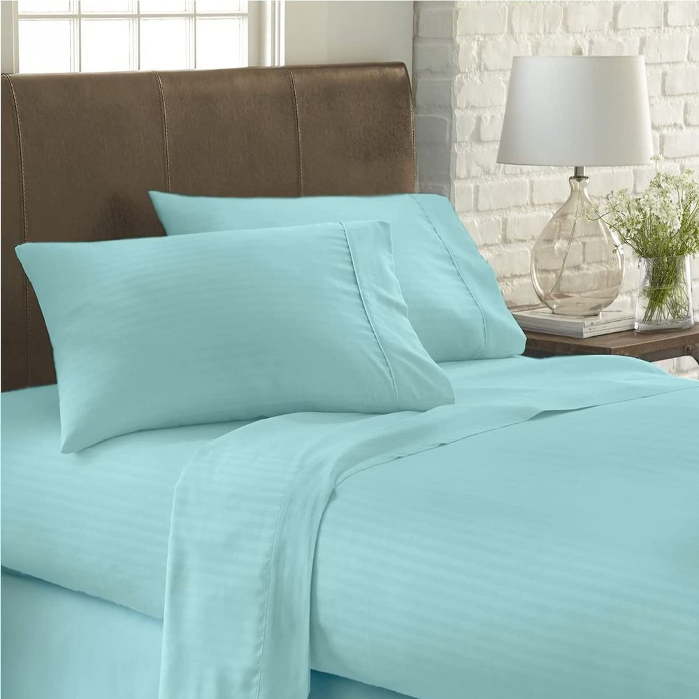 USA Twin XL Sheet Set in Aqua Blue Stripe 800 Thread-Count 100% Egyptian Long Staple Cotton, Sateen Weave for Soft and Silky Feel, Breathable 4-Piece Bedsheet, Elasticized 18'' Extra Deep Pocket
