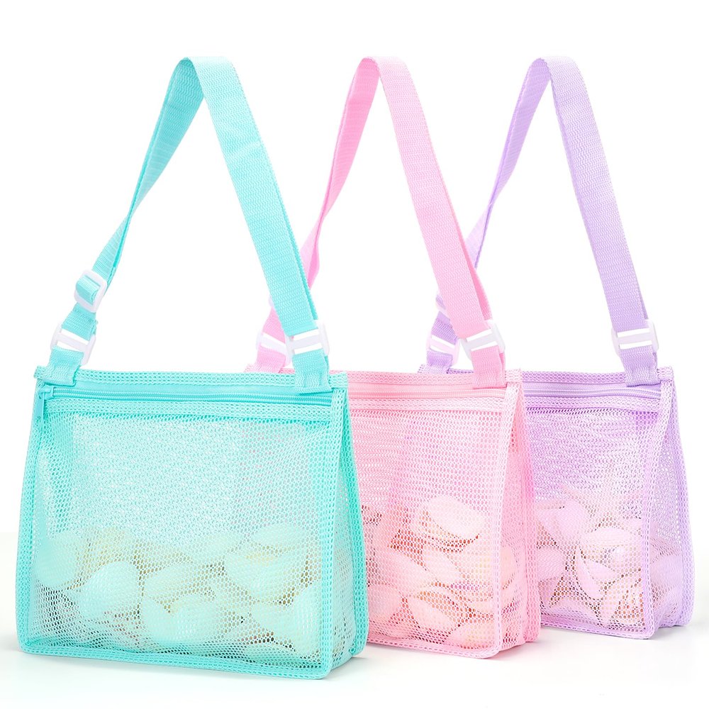 Tagitary Beach Toy Mesh Beach Bag Sand Toy Seashell Bag for Holding Shells Pool Bag with Zipper Swimming Accessories for Kids Boys and Girls(Only Bags,A Set of 3)
