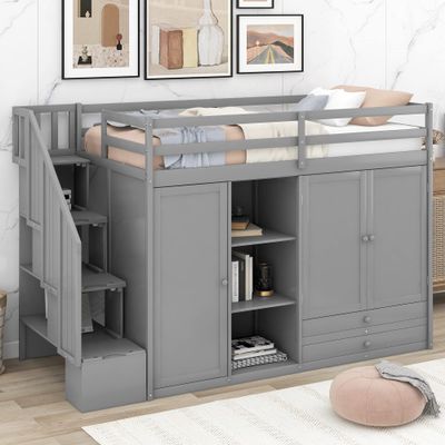 Bellemave Loft Bed with Storage Stairs and 2 Wardrobe Twin Loft Beds with Bookcase and Drawers Wood Loft Bed Frame with Storage Shelves for Kids, Juniors, Teen, Boys, Girls, Multifunction Design, Gray