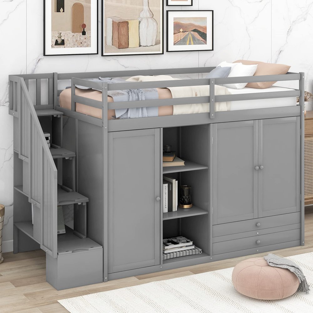 Bellemave Loft Bed with Storage Stairs and 2 Wardrobe Twin Loft Beds with Bookcase and Drawers Wood Loft Bed Frame with Storage Shelves for Kids, Juniors, Teen, Boys, Girls, Multifunction Design, Gray