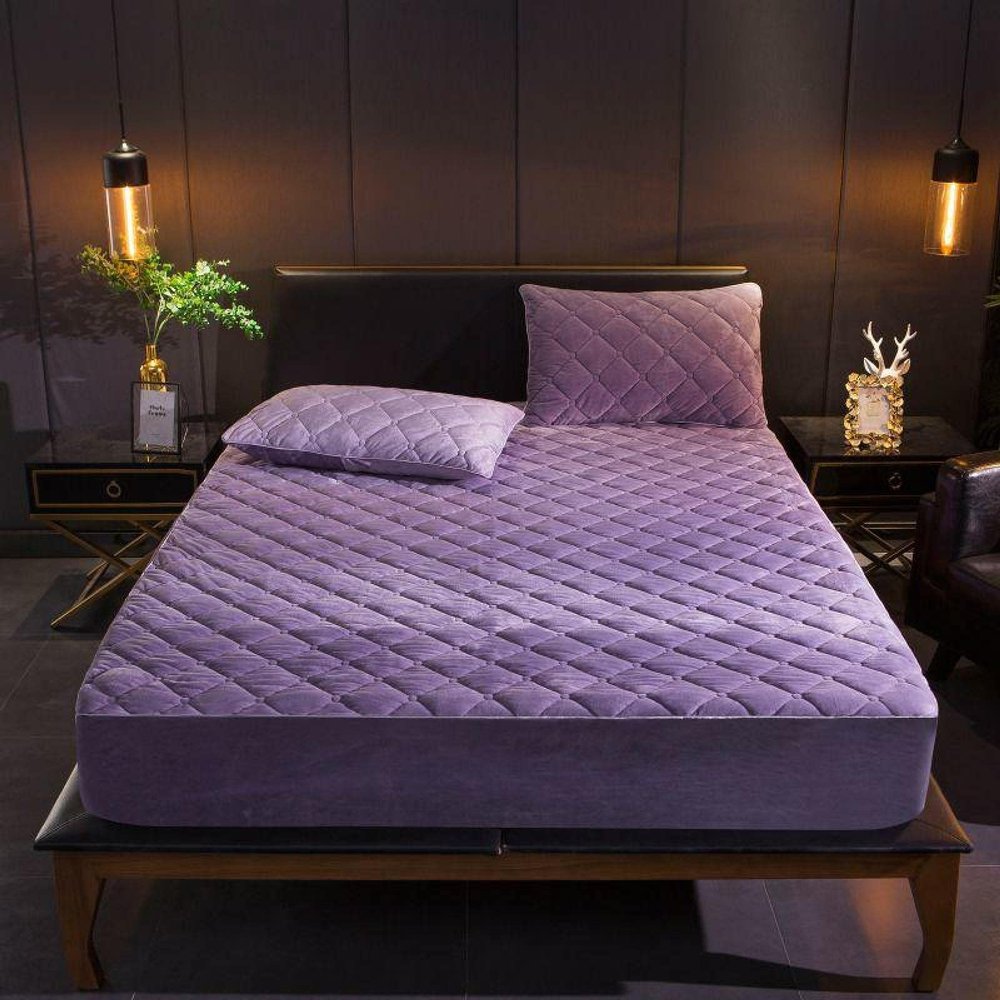 FCLDESHOP Mattress Encasement,Quilted Warm Crystal Velvet Box Spring Mattress Cover, Solid Color Non-Slip Thick Fit Sheet Mattress Bag Bedspread,Purple,90 * 200cm