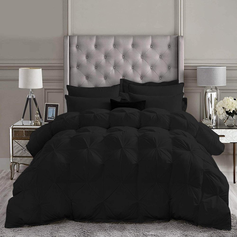 Impression Bedding All-Season  Luxury Pinch Pleated Oversized Queen Size Down Alternative Quilted Comforter Set (1 Comforter + 4 Pillow Cases) 500 GSM Microfiber Fill - Machine Washable, Black