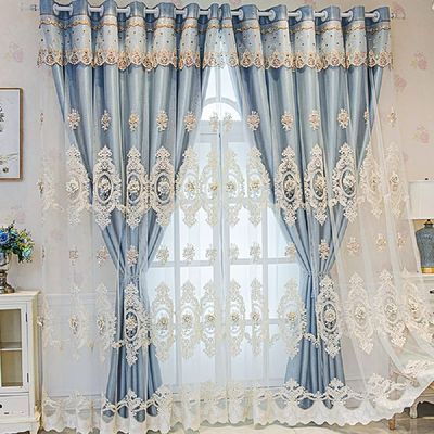 XINDAR Double Layer Blackout Curtain, Set of 2 Panels for Living Room Darkening Curtains Light-Filtering Lace Sheer Window Panels (Blue, 196" W x 106" L-Grommet)
