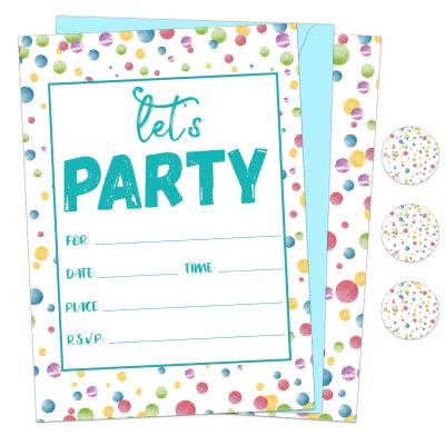30 Pieces Confetti Birthday Invitations LET'S PARTY Watercolor Dot Invitation Set for Boys Girls Kids Birthday Invitations with Sticker Labels Envelopes Rainbow Polka Dot Party Supplies Decorations