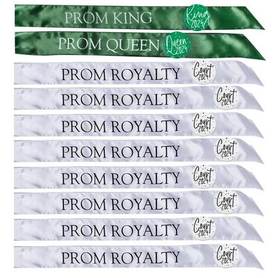 Andersons Complete Prom Royalty Sash & Button Set, Green & White Satin Coronation Accessories for High School Prom King, Queen & Court, 20Piece Set