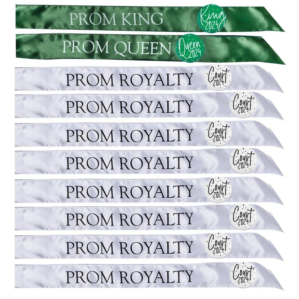 Andersons Complete Prom Royalty Sash & Button Set, Green & White Satin Coronation Accessories for High School Prom King, Queen & Court, 20Piece Set