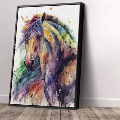 Horse Watercolor Painting Rainbow Canvas Art Wall Art Home Decor (18in x 24in Modern Black Framed)