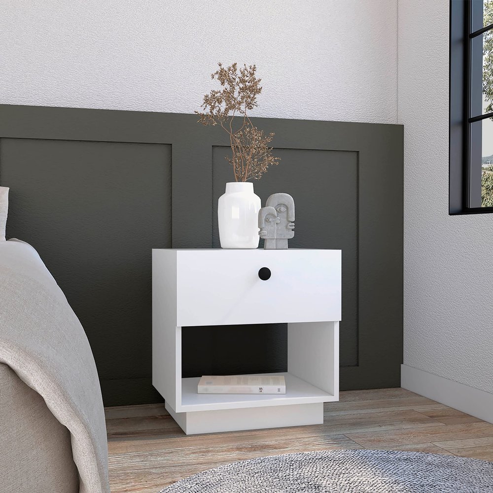 Single Drawer Nightstand 19" H with Open Storage Shelf, White