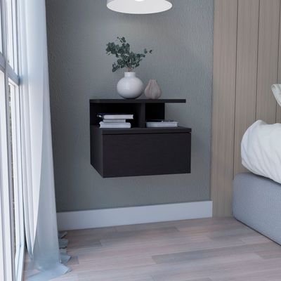 Depot E-Shop Floating Nightstand, Wall Mounted, Single Drawer, 2-Tier Shelf, Black, 12" H x 14.01" W x 13.22" D