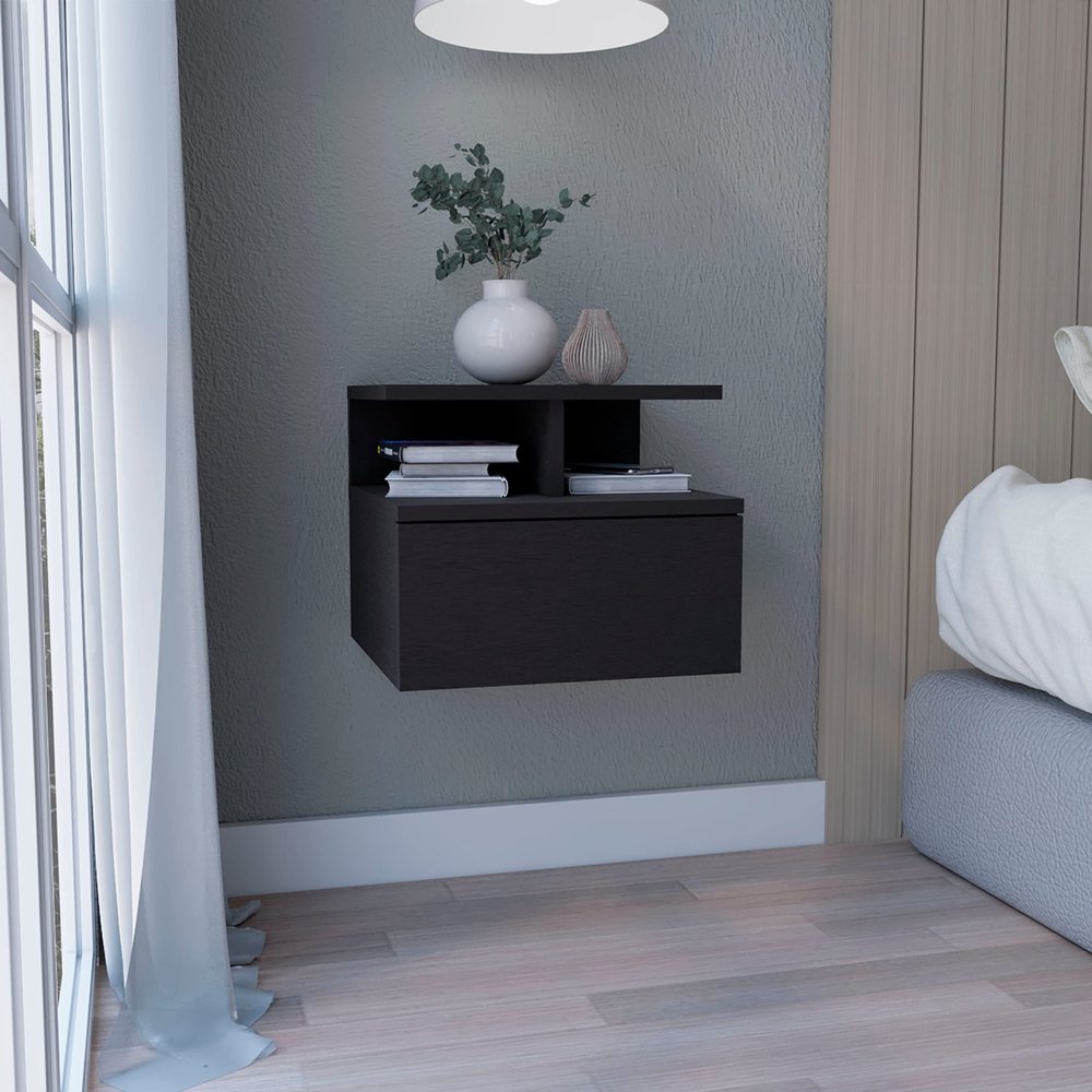 Depot E-Shop Floating Nightstand, Wall Mounted, Single Drawer, 2-Tier Shelf, Black, 12" H x 14.01" W x 13.22" D