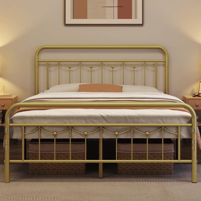 Topeakmart Queen Metal Bed Frame with Vintage Headboard and Footboard, 13 Inch Heavy-Duty Bed Frame with Storage,Sturdy Slats, No Box Spring Needed, Antique Gold