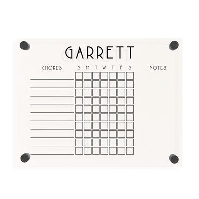 Customized One-Child Horizontal Acrylic Chore Chart (14" W x 11" H, Matte Black Standoffs)