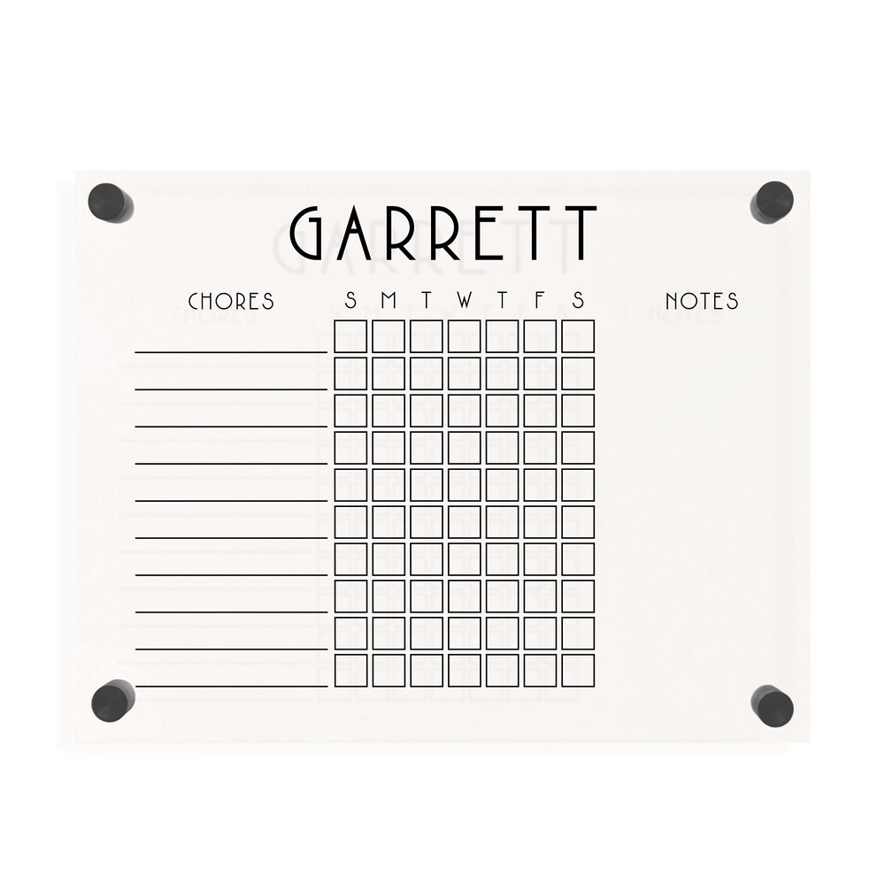 Customized One-Child Horizontal Acrylic Chore Chart (14" W x 11" H, Matte Black Standoffs)