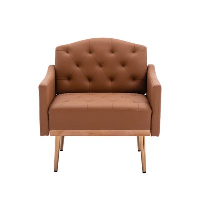 Leather Accent Chair Comfy Ergonomic PU Arm Chairs Upholstered Armchair Modern Leisure Single Sofa Reading Chair with Rose Golden Metal Legs,for Living Room Bedroom Club (Brown PU)