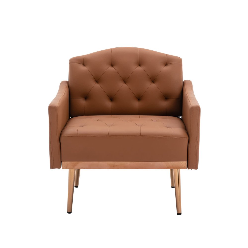 Leather Accent Chair Comfy Ergonomic PU Arm Chairs Upholstered Armchair Modern Leisure Single Sofa Reading Chair with Rose Golden Metal Legs,for Living Room Bedroom Club (Brown PU)