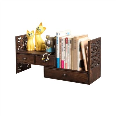 HIHELO Book Case Creative Retro Small Bookshelf Desktop Shelf Adjustable Storage Cabinet Simple Small Bookcase with Drawers, Brown Bookshelves