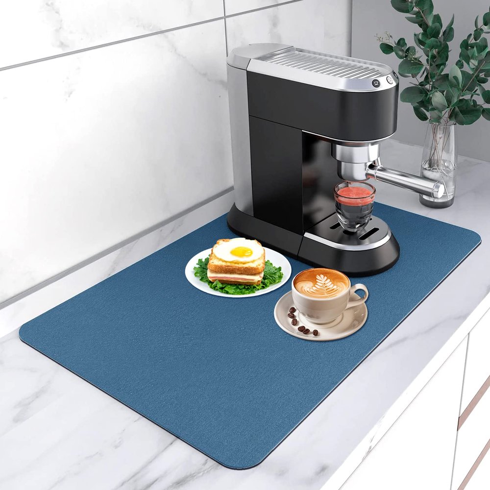 Coffee Mat 16''x24'', Dish Drying Mats for Kitchen Counter Absorbent Hide Stain Coffee Bar Accessories Anti Spill Mats Rubber Backed Fit Under Espresso Machine Dish Rack (Blue)